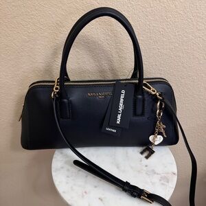 NWT Women KARL LAGERFELD Long Black Genuine Leather Satchel East West Bag Charms